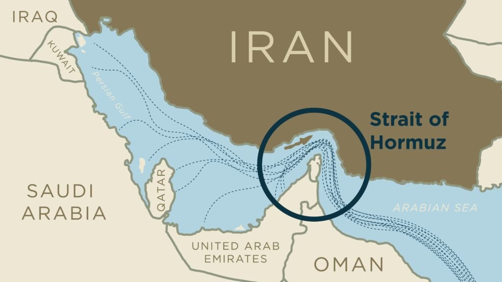 Map of the Strait of Hormuz showing key global oil shipping route between Iran and Oman