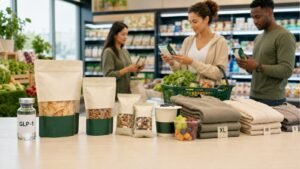 Kenyan consumers comparing branded retail packaging in a supermarket aisle, making deliberate portion-aware purchases